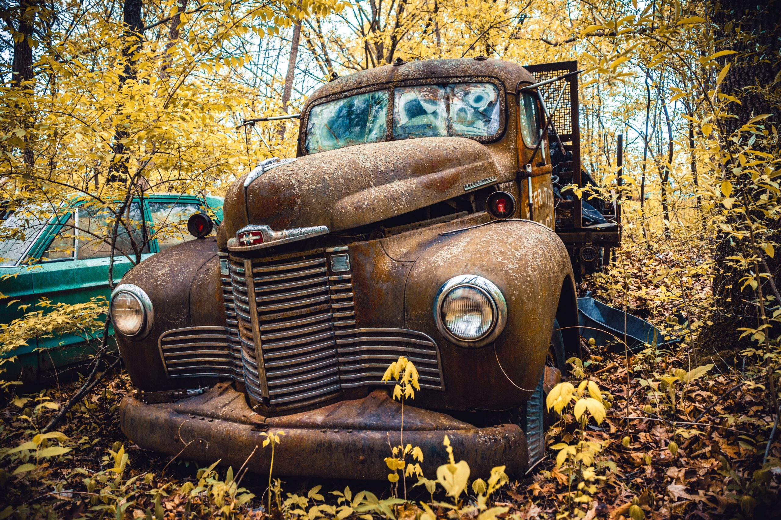 Old and Rusty Abandoned Truck in Forest